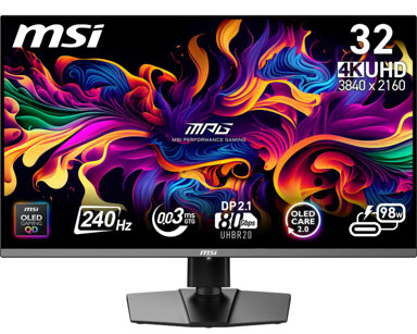 MSI Monitor MPG 322URXDE 9S6-3DD29A-021, 31,5", 3840 x 2160, 240 Hz, QD-OLED, HDMI, DisplayPort, USB-C, crna